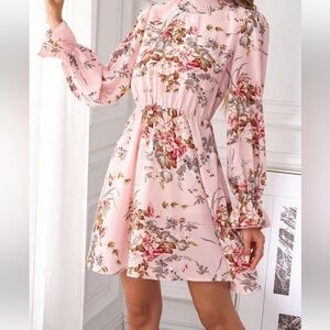 NWT Showpo Butterfly Blush Long Sleeve High Neck Open Back Floral Pink Dress